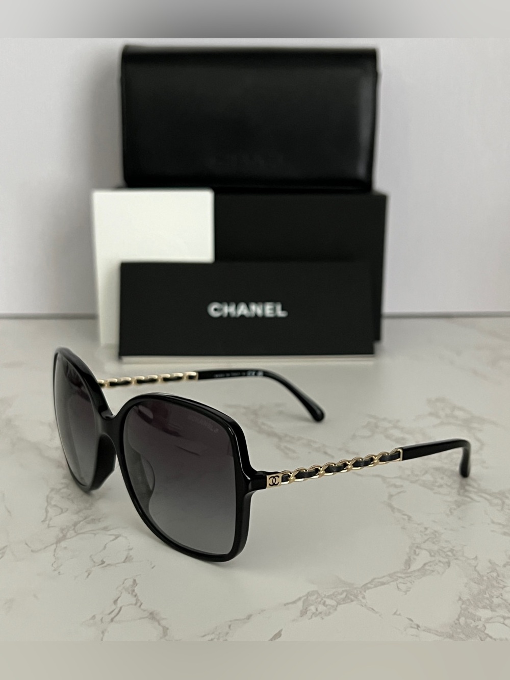 CHANEL Square Sunglasses Black Acetate and Quilted Lambskin and Gold Tone Temple